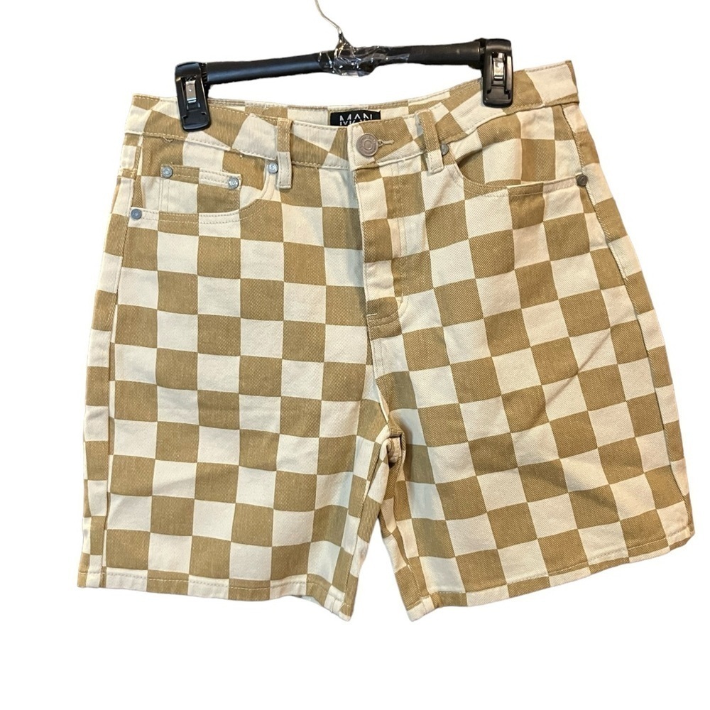 Man Boohoo Relaxed Fit Checked Print Denim Shorts Ochre and White Size 32